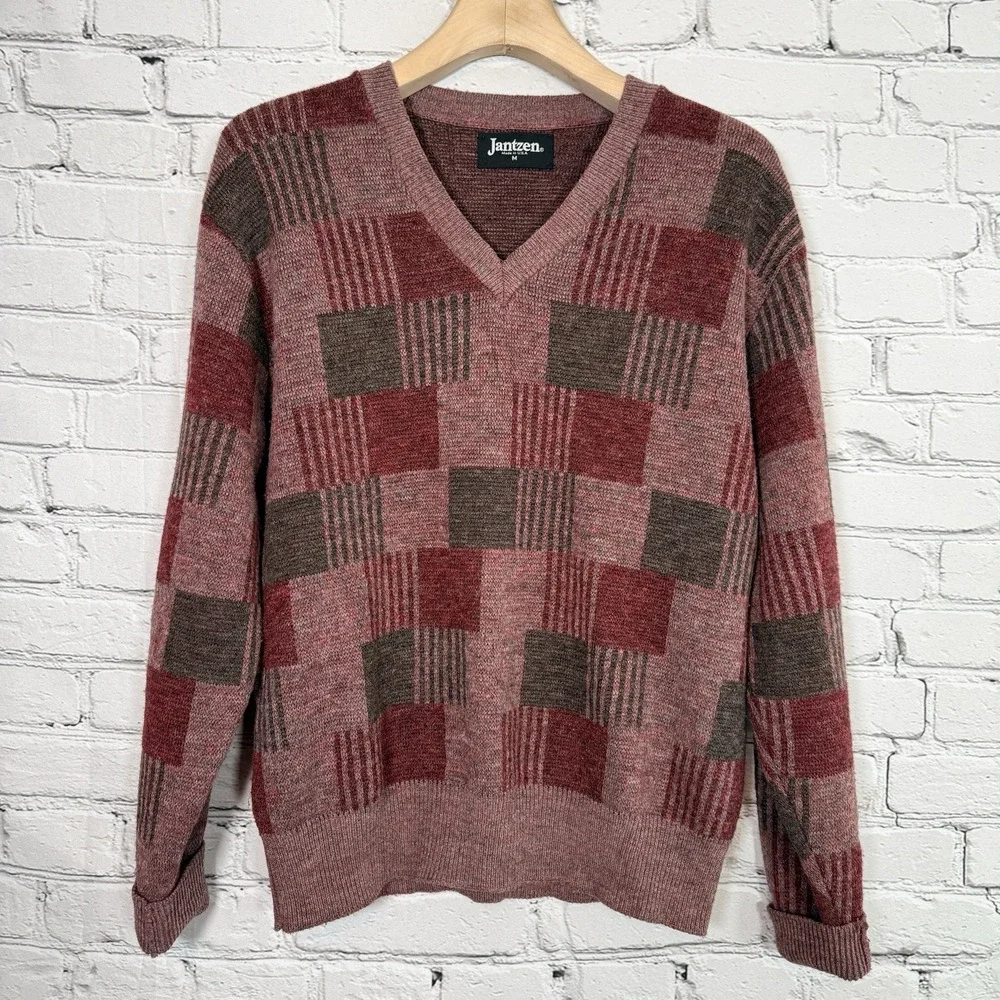 Vintage 80s Jantzen Wool‎ Blend Sweater Men's M Red V Neck Geometric USA Dad